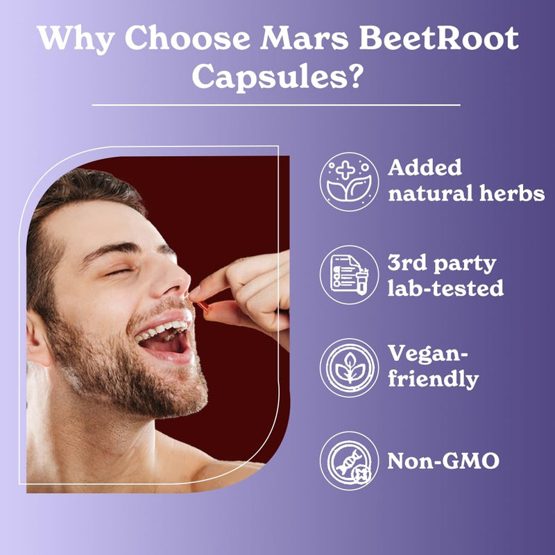 Mars by GHC Beetroot Capsules, 300mg Beet Root Powder Aids Healthy Circulation & Vitality, Non-GMO, Beet Root Supplement, 60 Capsules