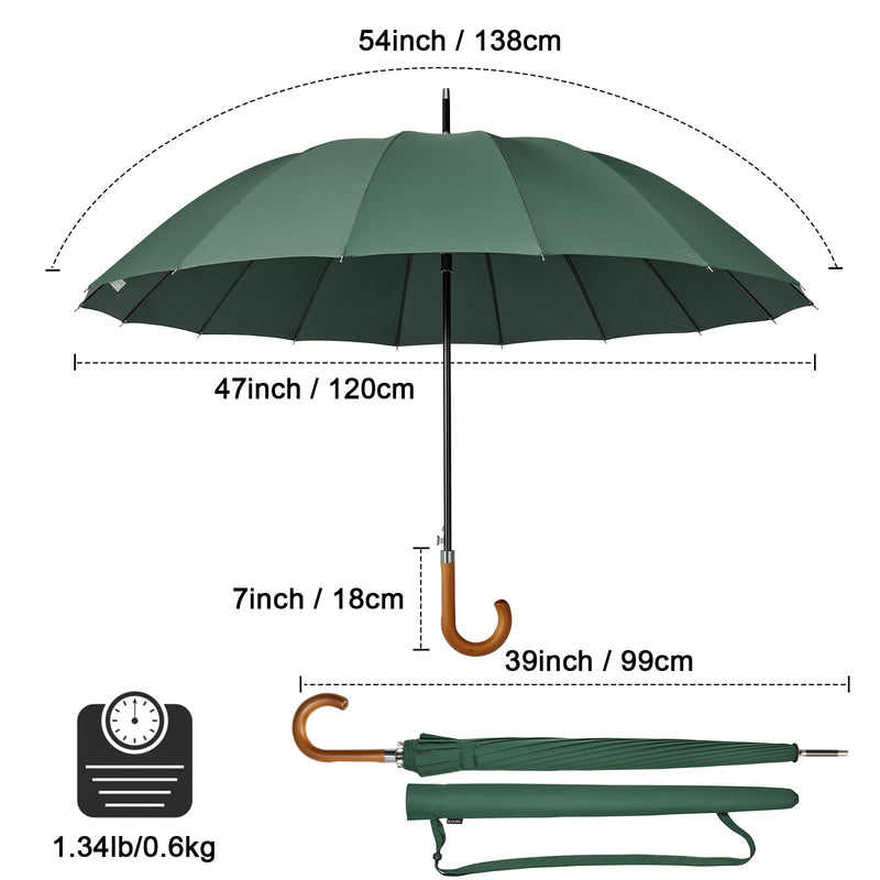 G4Free 54 Inch Large Umbrella for Rain Auto Open Golf Umbrella for 2 People | 16 Ribs Strong Windproof, Heavy Duty Stick Umbrella, Classic Wooden J Handle, Carrying Case，Travel & Golf for Men Women Dark Green