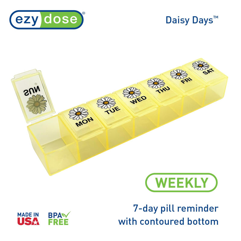 Ezy Dose Weekly (7-Day) Pill Organizer, Large Medicine Case, Yellow Daisy | Compact Daily Vitamin & Supplement Medicine Box, Pop Up Compartments, Convenient and Easy to Use, Travel-Friendly, BPA-Free Large 6"x1.3"x0.9"