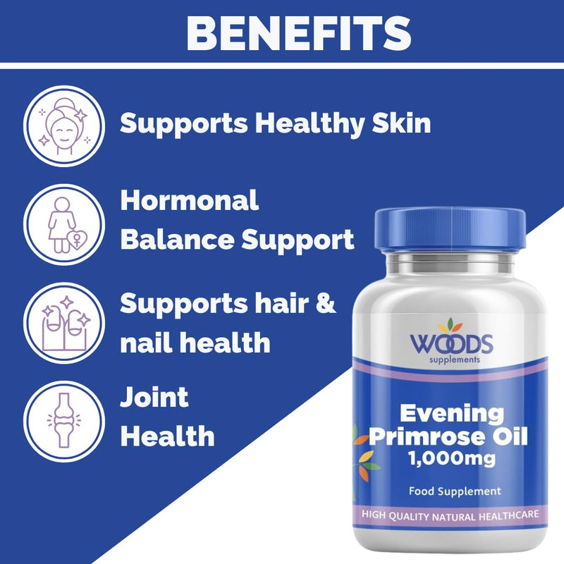Woods Supplements - Evening Primrose Oil 1000mg 180x Capsules. Pure Cold Pressed High Strength 90mg GLA Omega 6 Fatty Acid for Healthy Skin, Nerve Function and Hormonal Balance Support 180