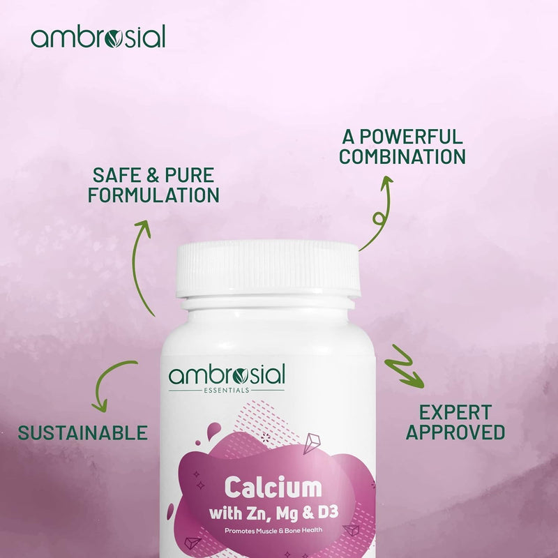 Ambrosial Calcium Magnesium Zinc + D3 – 4-in-1 Mineral Complex with Calcium Citrate – High Strength Daily Formula – 120 Softgel Capsules – Non-GMO, Gluten-Free, GMP Certified 120 count (Pack of 1)