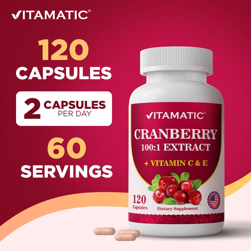 Vitamatic Cranberry 500 mg 100:1 Extract (2 Capsules) with Vitamin C & E – 120 Veg Capsules – Urinary Tract & Bladder Support Supplement – Non-GMO, Gluten Free, Made in USA