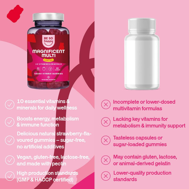 BeSoHappy® Multivitamin Gummies for Women 2 Month Supply, for Men Adults & Kids for Immune System, Tiredness and Fatigue with 10 Vitamins, A, B6, B12, C, D and E Vegan, Gluten and Lactose Free.
