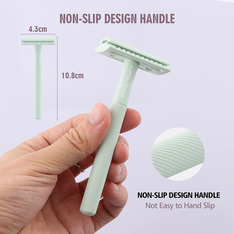 KINGHOOD Safety Razor for Women with 10 Double Edge Razor Blades, Single Blade Razors for Women and Men, Resuable razor, Plastic Free - Green Green a