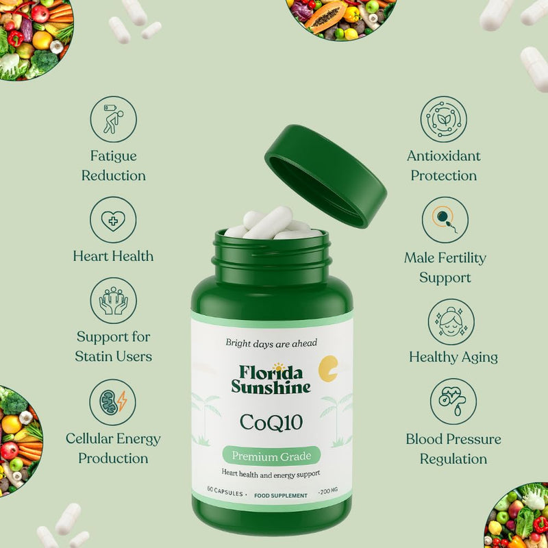 Florida Sunshine Premium CoQ10 200mg, 60 Capsules Supports Heart Health, Energy Production, Antioxidant Cholesterol Management, Blood Pressure Support, Ideal for Statin Users and Aging