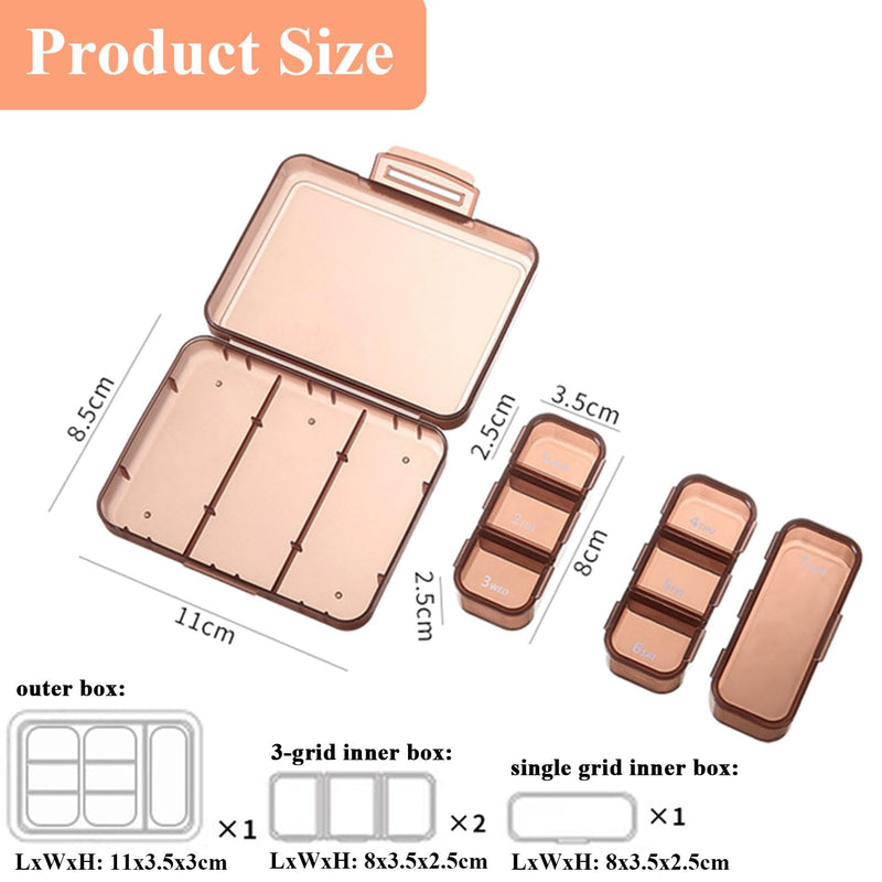 Weekly Pill Box Organiser for Pocket Daily Medication Storage Case | Brown Pill Case with 7 Compartments, BPA-Free Double Seal Waterproof, Storage for Vitamins, Fish Oil, Dietary Supplements