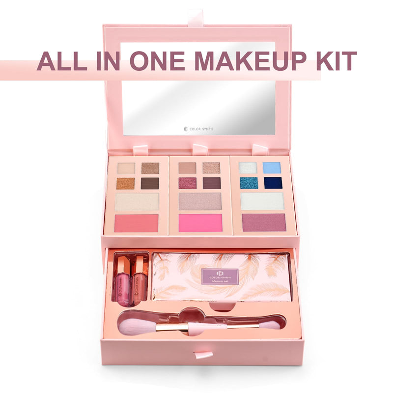 [Australia] - Color Nymph Small Makeup Palette Set for Face | Cosmetics Gift Set for Women & Girls | 12 Colors Eyeshadow, Blush, Highlighter, Contour Powder, Lip Gloss & Brush Kit | Travel-Friendly (Pink) Pink 
