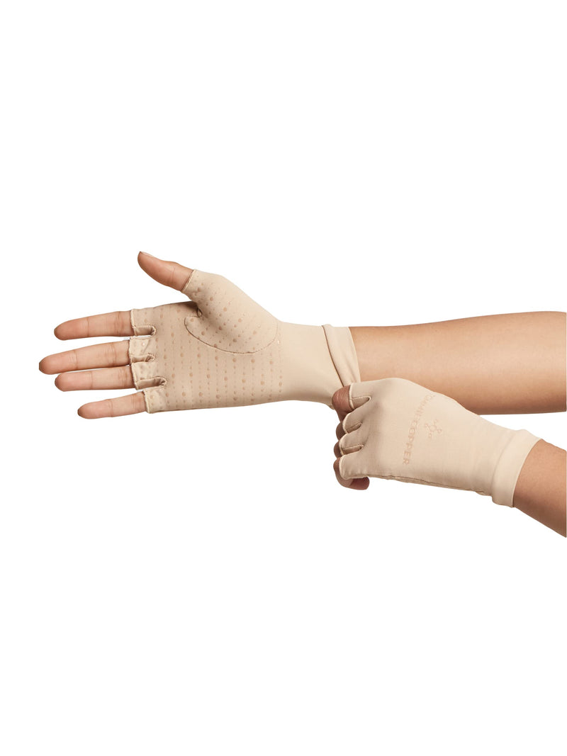 Tommie Copper Core Compression Half Finger Gloves, Unisex, Men & Women, Gloves for Hand Stiffness, Swelling & Joint Support Small Nude
