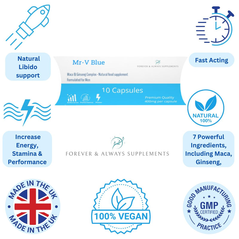 10 x Pills - MR-V Blue high Strength 400mg Natural Supplement for Men - Ginseng & Maca Ultra Strong Fast Acting Male Capsules/Tablets - Stronger, Harder & Firmer 10 count (Pack of 1)