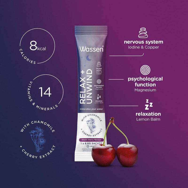 Wassen Relax & Unwind Magnesium Sachets - 14 Sachets | Lemon Balm Supplement to Help Relaxation | Vitamin Powder for Water | Magnesium to Help Psychological Function