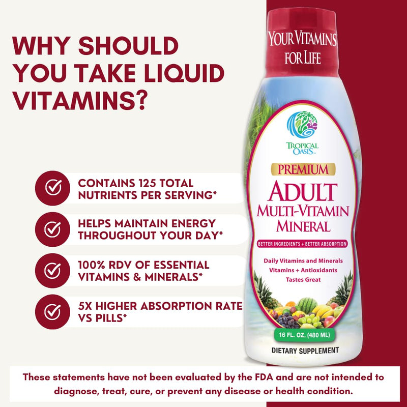Tropical Oasis Adult Liquid Multivitamin -Liquid Multi-Vitamin and Mineral Supplement with 125 Total Nutrients Including; 85 Vitamins & Minerals, 23 Amino Acids, and 18 Herbs - 16 fl oz, 32 serv 16 Fl Oz (Pack of 1)