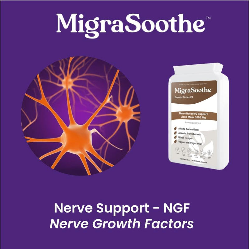 Migraine MigraSoothe Booster Series VII Lion's Mane 3000 Mg Migraine Nerve Recovery Repair Support UK Made and Allergen Free - 120 Capsules