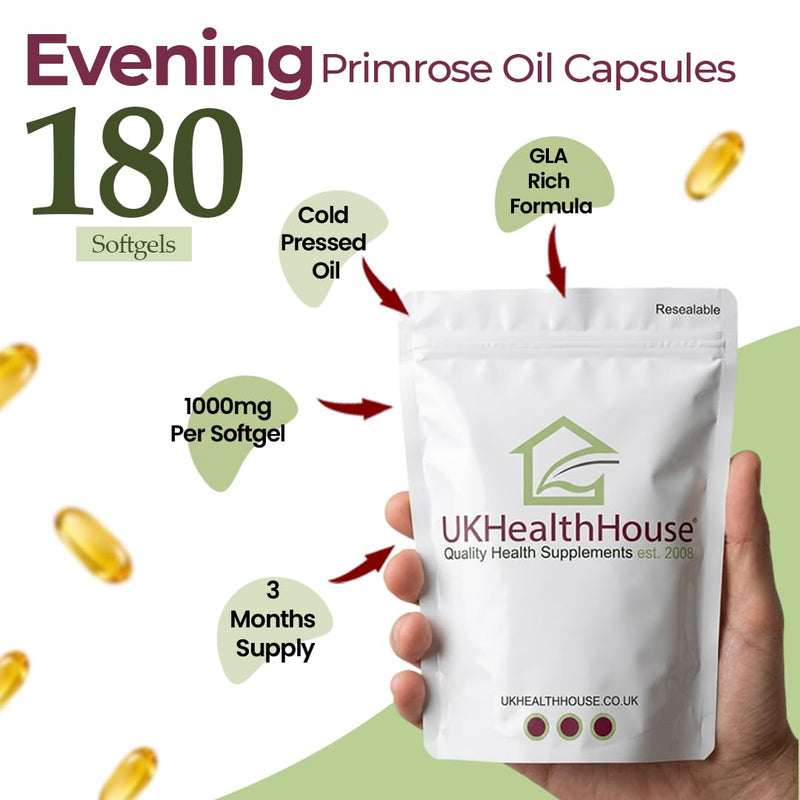 UKHealthHouse Evening Primrose Oil – EPO Capsules, 1000mg x 180 Softgels – High Strength Omega 6 GLA Content – Great for Skin, Immune System, Hormonal Pain, Hot Flushes & Women’s Health 180 count (Pack of 1)