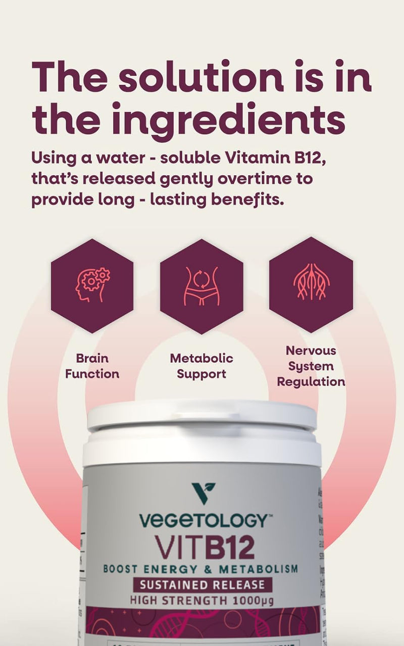 Vegetology Vegan Vitamin B12 1000 mcg - Sustained Release Tablets - Supports Normal Energy Metabolism & Nervous System Function - 60 Vegan Tablets, Made in The UK