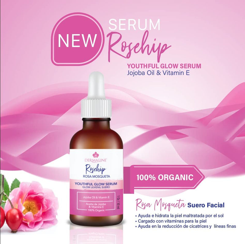 Dermaline Organic Rosa Mosqueta Rosehip Seed Oil Serum with Jojoba Oil & Vitamin E for Natural Glow