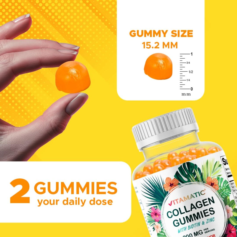 Vitamatic Hydrolyzed Collagen Gummies with Vitamin C, Zinc and Biotin, 200 mg - Healthy Skin Support - 60 Gummies 60 Count (Pack of 1)