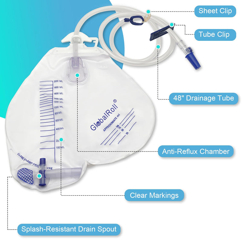 [Australia] - Urinary Drainage Bag with Anti-Reflux Chamber, Urine Bag with 2000 mL Volume, 48" Drainage Tube, Clips and Hanging Hook, Professional Urinary Bag for Home and Hospitals Health Aids, 5 Pack 