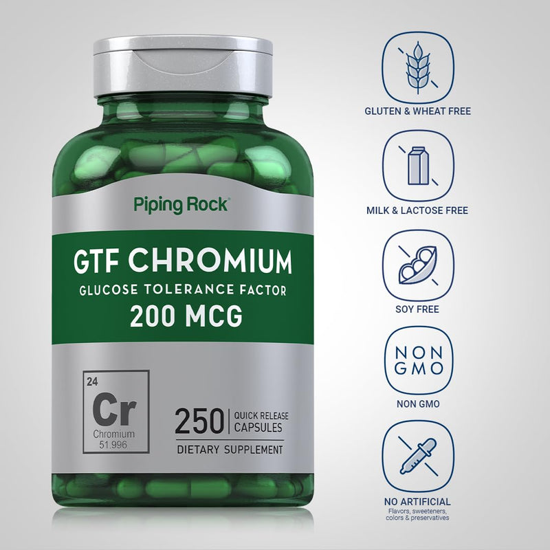 [Australia] - Piping Rock GTF Chromium 200 mcg | 250 Capsules | Glucose Tolerance Factor | Non-GMO, Gluten Free Supplement 