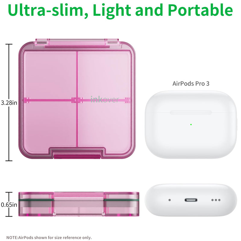 Small Pill Box, Travel Pill Organizer, Small Pill Case, Pill Container for Purse 4 Compartments, Daily Compact Travel Medicine Holder for Vitamins Medication (Pink) Pink