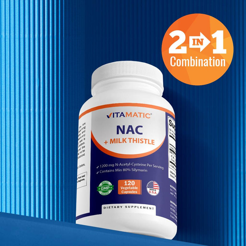 Vitamatic NAC Supplement N-Acetyl-L-Cysteine (NAC) with Milk Thistle 50:1 Extract - Supports Immune, Respiratory, Liver Health, 1200 mg per Serving, 120 Veg Capsules