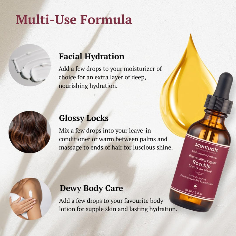 Rosehip Facial Oil Blend, Face Moisturizer with Pure Rosehip, Grapeseed Oil, Apricot Oil, Safflower Oil, Vitamin E for Deep Hydration, Protection and Versatile Anti Aging Skincare, 2 fl.oz | 60 ml