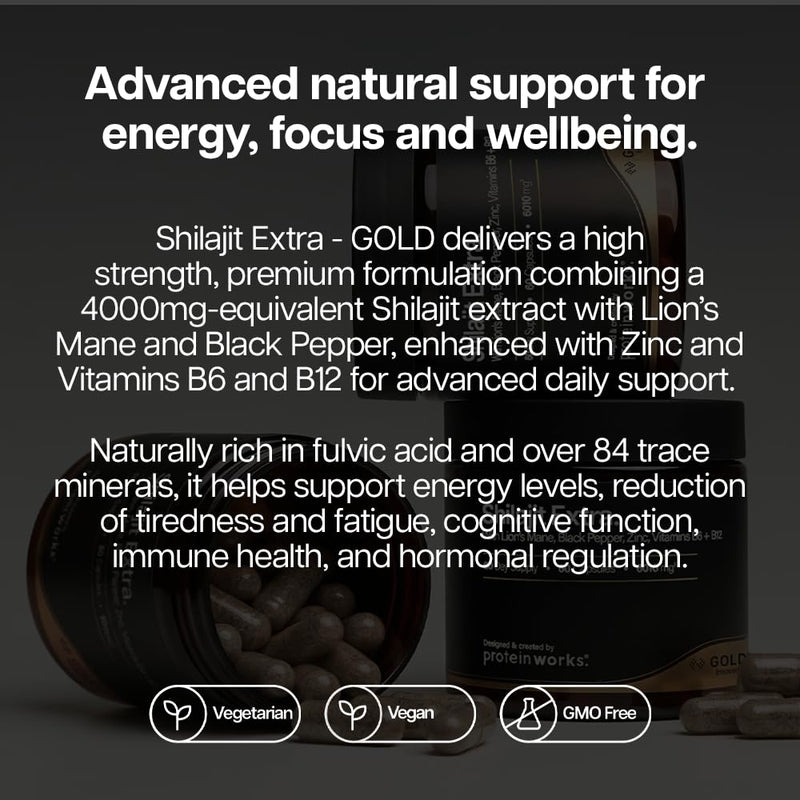 Shilajit Extra - Gold, with Lion's Mane, Black Pepper, Vitamin B12 & B6, Zinc, High Strength Himalayan Shilajit, Focus, Energy, Immune Support, Vegan, 60 Capsules | Protein Works