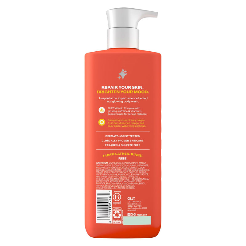 OLLY Bright Body Wash with Ginseng, Caffeine & Vitamin C- Nourishing 17 oz | For dry skin, Helps repair the skin barrier, With vitamin C, Daily routine ready