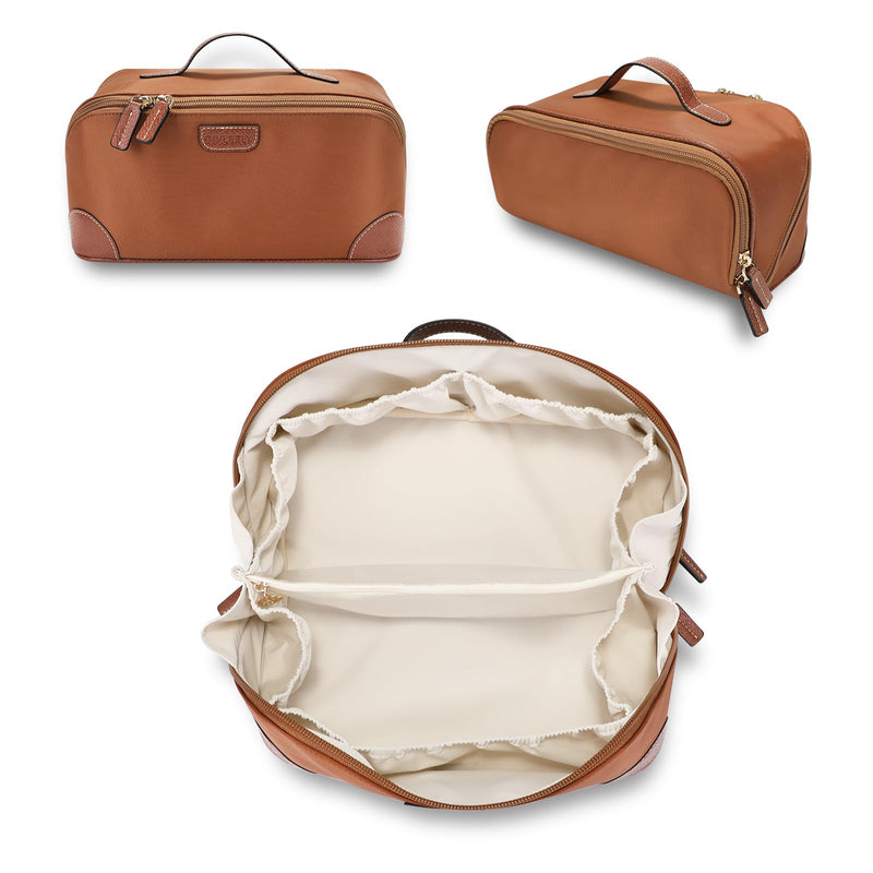 GIVLEFLY Makeup Bag for Women, Large Cosmetic Bag, Travel Toiletry Bag, Waterproof Nylon Organizer with Microfiber Leather, Flat Open for Skincare & Brushes Brown