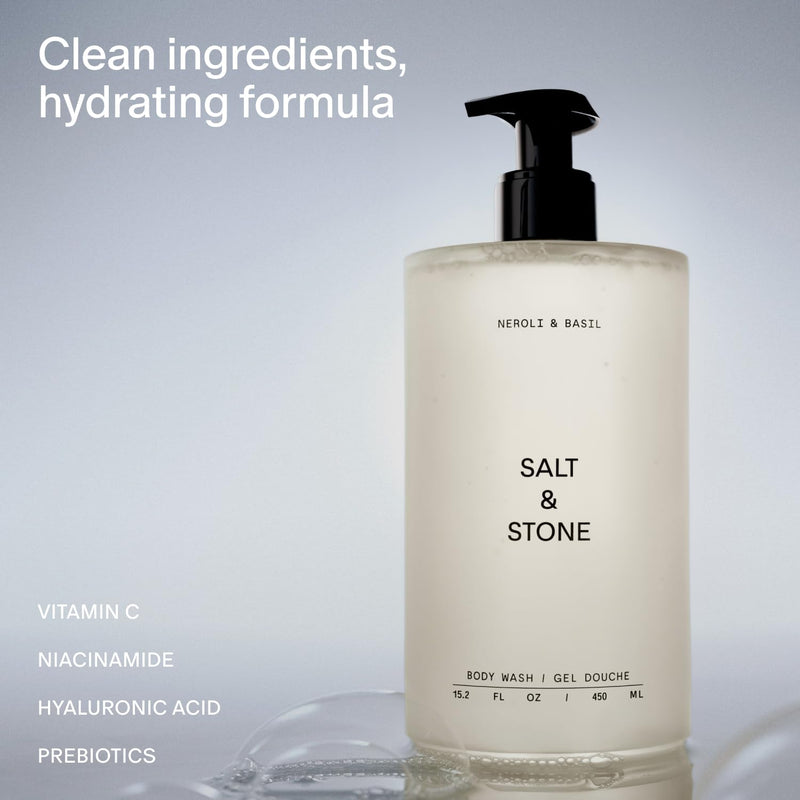 Salt & Stone Body Wash for Women & Men, Neroli & Basil 15.2 fl oz | Shower Gel, Sulfate-Free, Paraben-Free, Dye-Free, Vegan, Hydrating & Moisturizing with Antioxidants, Vitamin C, Niacinamide 15.2 Fl Oz (Pack of 1)