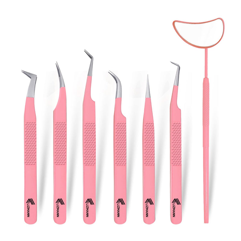 LIZMANN Eyelash Extension Tweezers (Pink Set of 7) – Professional Fiber Tip Lash Tweezers for Classic & Volume Lashes – Anti-Static Japanese Steel PACK OF 7 Pink
