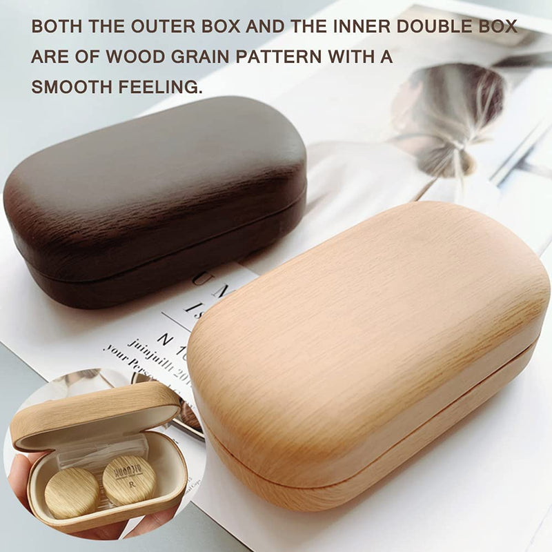 [Australia] - CARUNCOO Wood Grain Contact Lens Case Compact Eye Contact Case for Travelling Portable Contact Box with Mirror Rectangle，Cute Colorful Especially Elegant Brown 4 Piece Set 