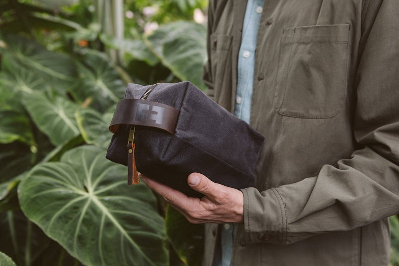 the DOPP KIT | Waxed Cotton Canvas shave and toiletries bag with leather handle Night Sky