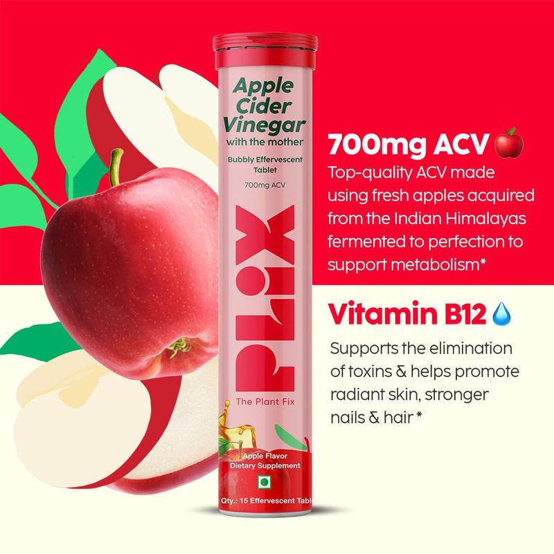 PLIX - THE PLANT FIX Apple Cider Vinegar 15 Effervescent Tablet, ACV with Mother for Weight Loss and Easy Digestion, Vitamin B6 & B12, Pack of 4 (Apple), 100% Vegan, Easy to Carry & Consume 60 Tablets (Pack of 4)