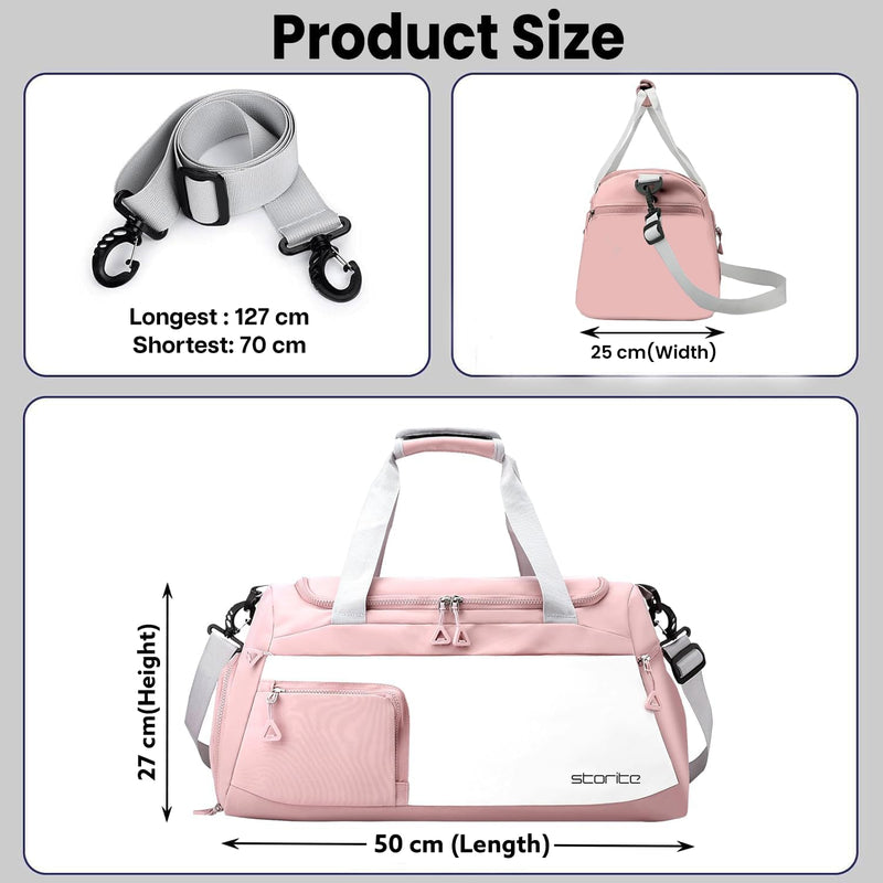 Storite Travel Duffle Bag with Shoe Compartment, Light Pink, 50x25x27 cm | Water Resistant Nylon, Lightweight, Multi-Pocket, Wet Pocket, Adjustable Shoulder Strap, Travel, Gym, Overnight Use Style - 2