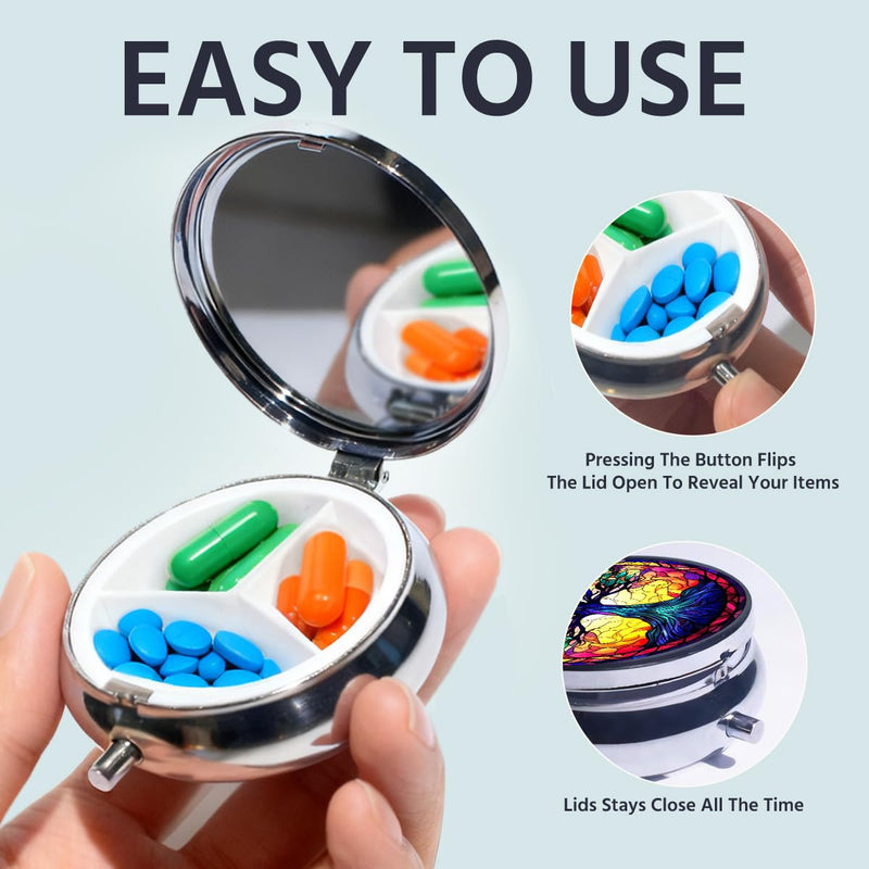 3 Compartment Stained Glass Life Tree Daily Small Pill Case for Purse, Iridescent Tree Portable Travel Pill Box Mini Medicine Organizer Case, Suitable for Tablet Vitamin Fish Oil Holder 2 Lm 02679