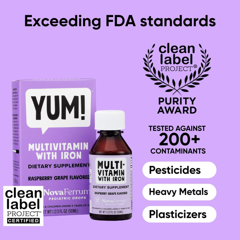 [Australia] - NovaFerrum Yum | Multivitamin with Iron for Infants, Toddlers & Kids Ages 4 & Under | Immune Support | Gluten Free Certified | Sugar Free | Raspberry Grape | 50 Servings 1.69 Fl Oz (Pack of 1) 