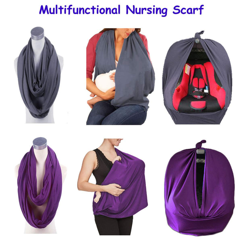 [Australia] - 2 Pack Nursing Cover Breastfeeding Cover Breast Feeding Cover ups Infinity Scarf, Lightweight Soft Breathable Cover Dark Gray Purple 