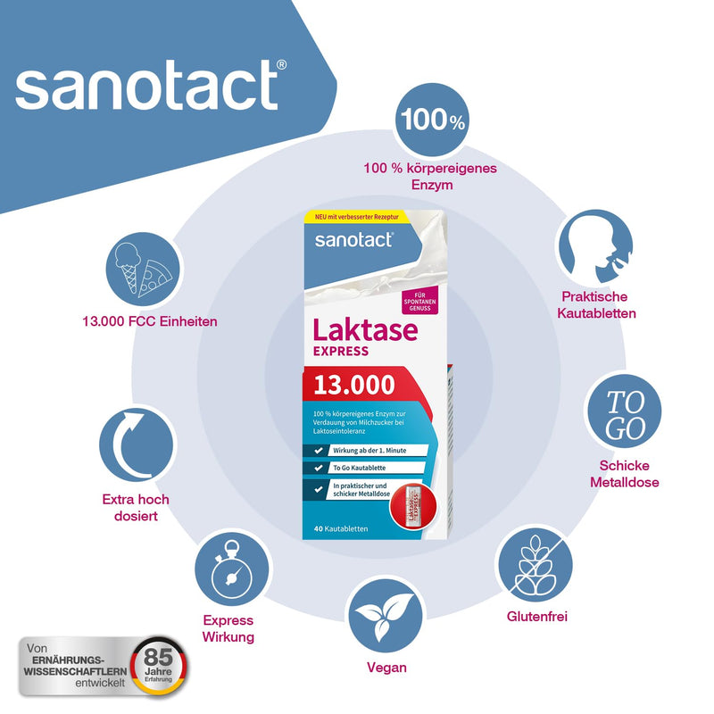 [Australia] - sanotact Lactase 13,000 EXPRESS (40 lactase tablets) • Lactose tablets with immediate effect • For lactose intolerance & milk intolerance • For spontaneous enjoyment of dairy products 40 pieces (pack of 1) 