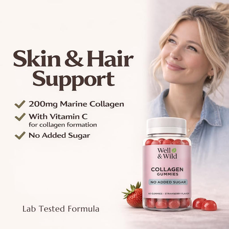 Well & Wild Collagen Gummies with Vitamin C – Marine Collagen Supplement for Skin & Hair Support – No Added Sugar – Strawberry Flavour – 60 Gummies (30 Day Supply)
