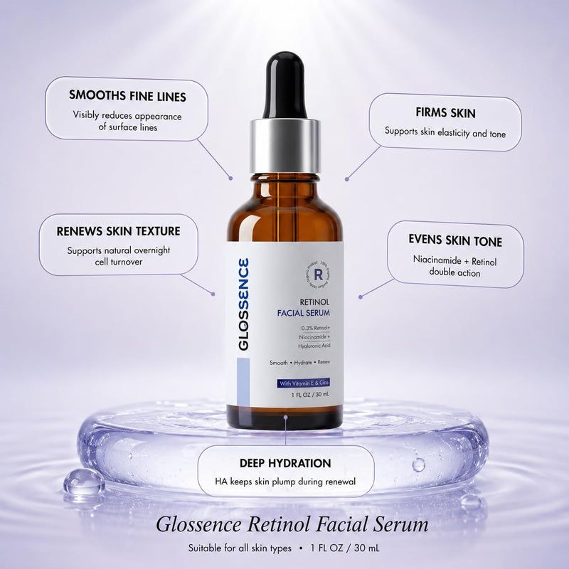 Retinol Facial Serum with Niacinamide, Hyaluronic Acid, Vitamin E & Cica, Smooths Fine Lines, All Skin Types, 1 fl oz