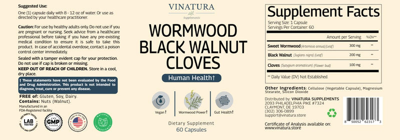 [Australia] - Wormwood Black Walnut Clove Capsules - Cleanse, Detox, Intestinal Guard Formula Supplement for Humans, with Wormwood herb, Black Walnut Extract Combination, 60 Capsules 