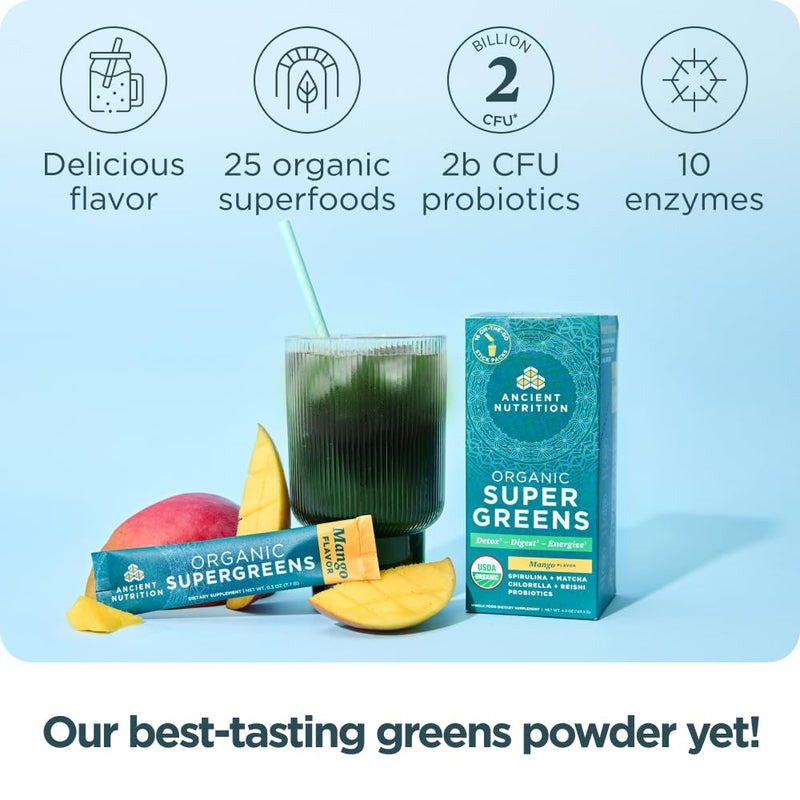 Ancient Nutrition Organic Super Greens Powder, Probiotics, Mango | Made from Real Fruits, Vegetables and Herbs, Digestive and Energy Support, 16 Packets 4.3 Ounce (Pack of 1)