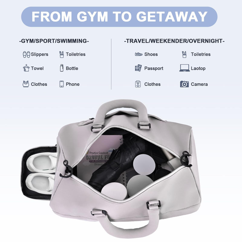 Gym Bag for Women, Travel Duffel Bag Carry on Weekender Bag | 20L, 2 Waterproof Bag, Water Resistant, Light Weight, Shoe Compartment, Washable, For Travel, Overnight, Yoga, Beach