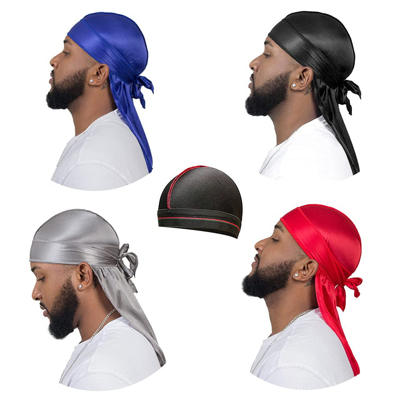 [Australia] - 4PCS Silky Durags for Men Women 360 Waves with 1 Wave Cap, Silky Satin Durag Extra Long Tails Black Blue Gray Red 
