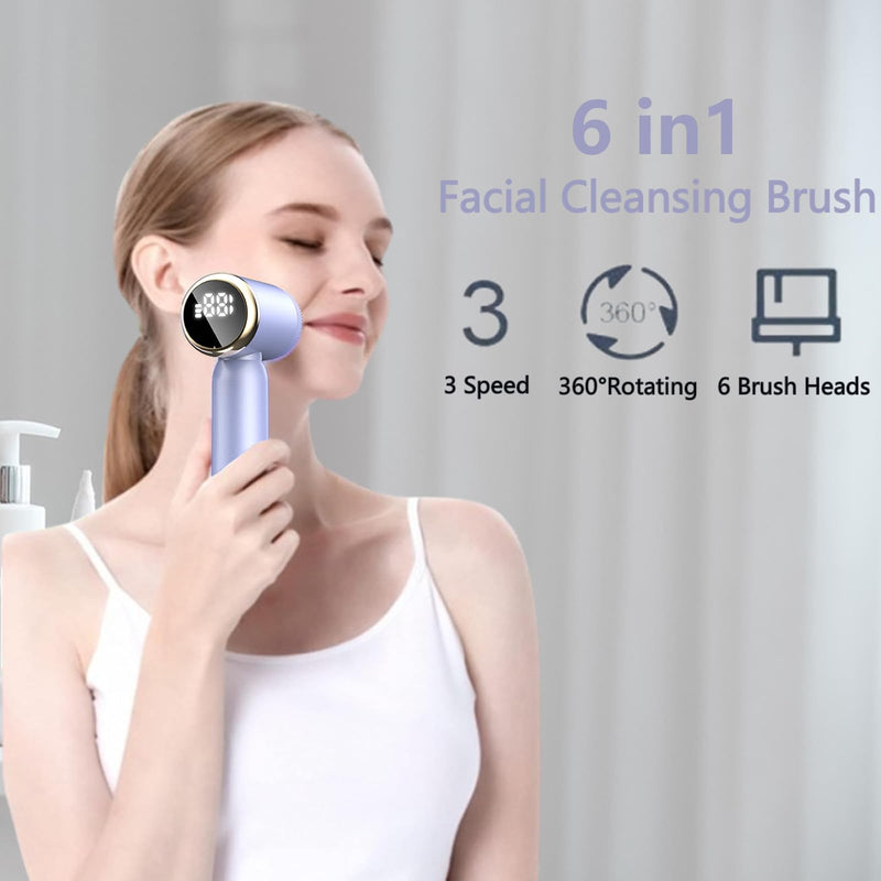 [Australia] - Facial Cleansing Brush, 6 in 1 Electric Face Scrubber with 6 Brush Heads and 3 Spin Speeds for Deep Cleansing, Waterproof Rechargeable Face Brushes for Dry Oily Sensitive Skin (Purple) 