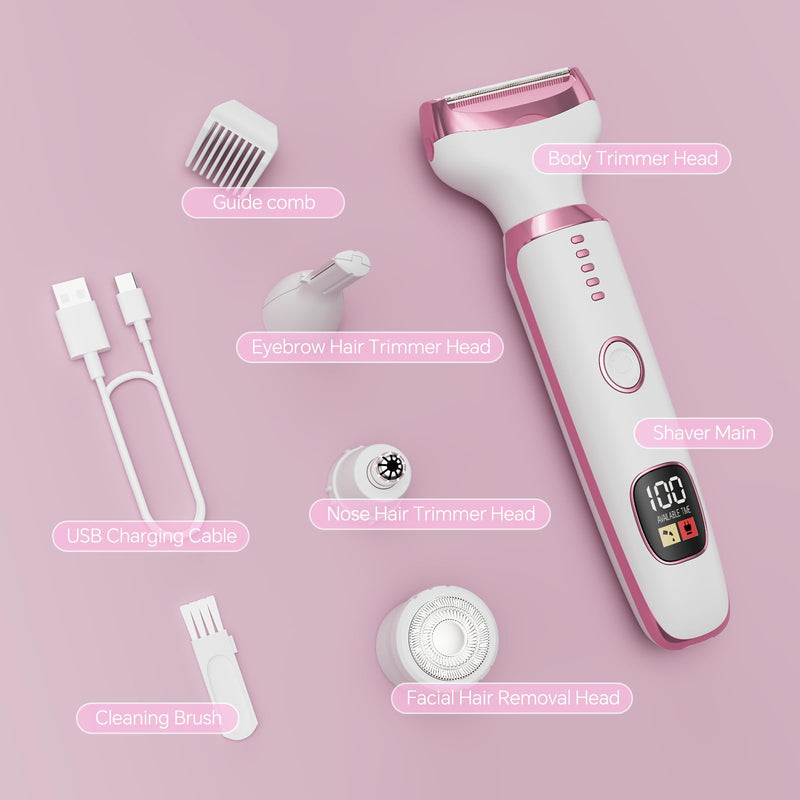Electric Razor for Women, 4-in-1 Bikini Trimmer & Body Shaver for Nose Hair Face Eyebrow Arms Legs Armpit Underarm Pubic Area, Rechargeable Wet/Dry Painless Hair Removal