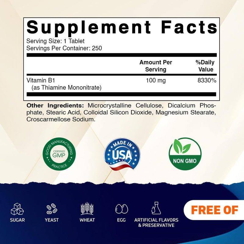 Vitamatic Vitamin B1 (As Thiamine Mononitrate) 100 mg - 250 Vegetarian Tablets