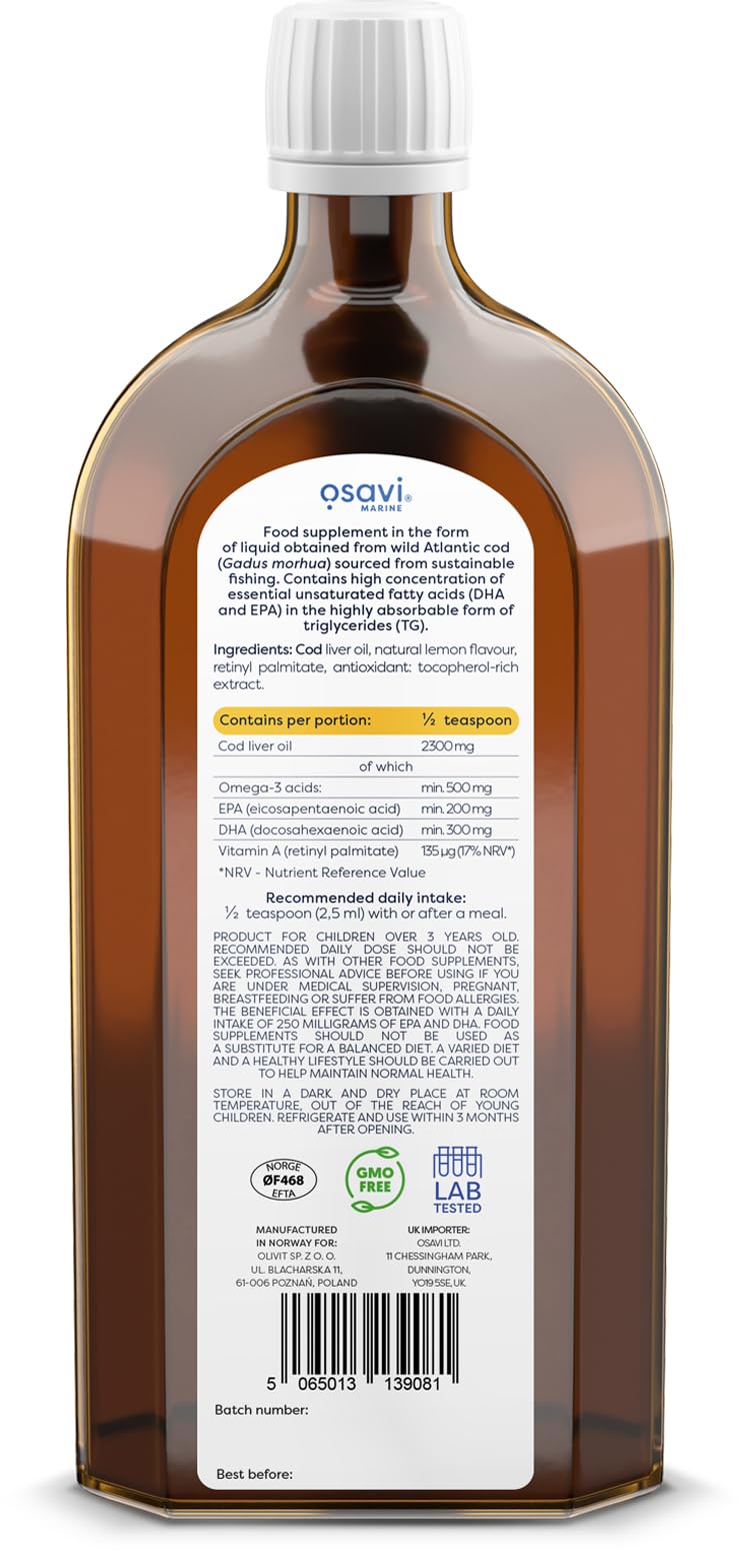 [Australia] - Osavi Norwegian Cod Liver Oil Kids, 500mg Omega 3 (Lemon) - 500 ml | 500 mg Omega-3 per serving with 200 mg EPA & 300 mg DHA | Supports brain function, vision| 