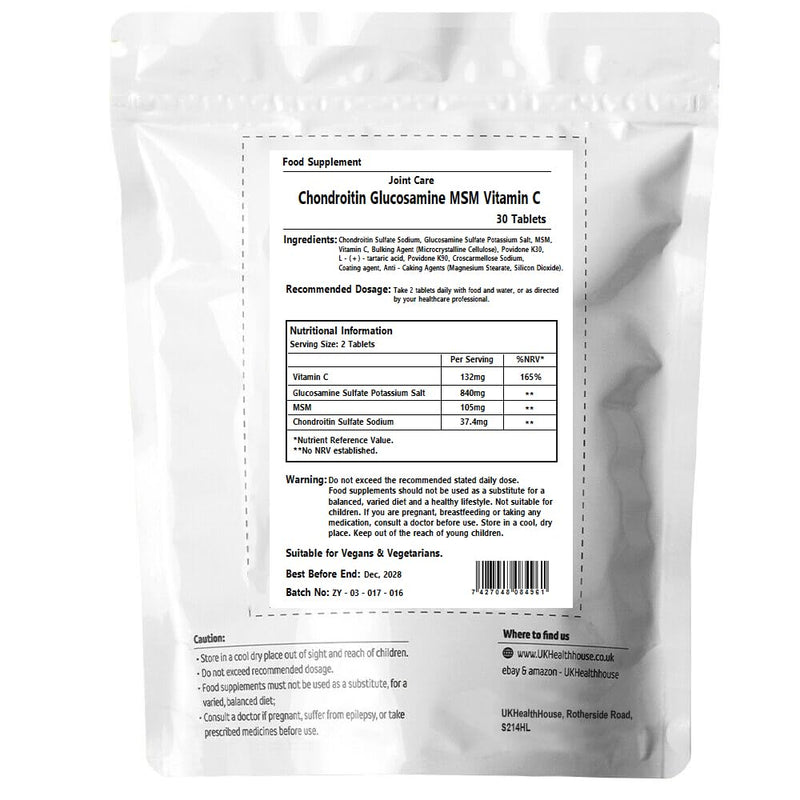 UKHealthHouse Glucosamine & Chondroitin High Strength Tablets | Glucosamine Complex with Chondroitin, MSM & Vitamin C 30 Tablets Combination Supplements for Joints
