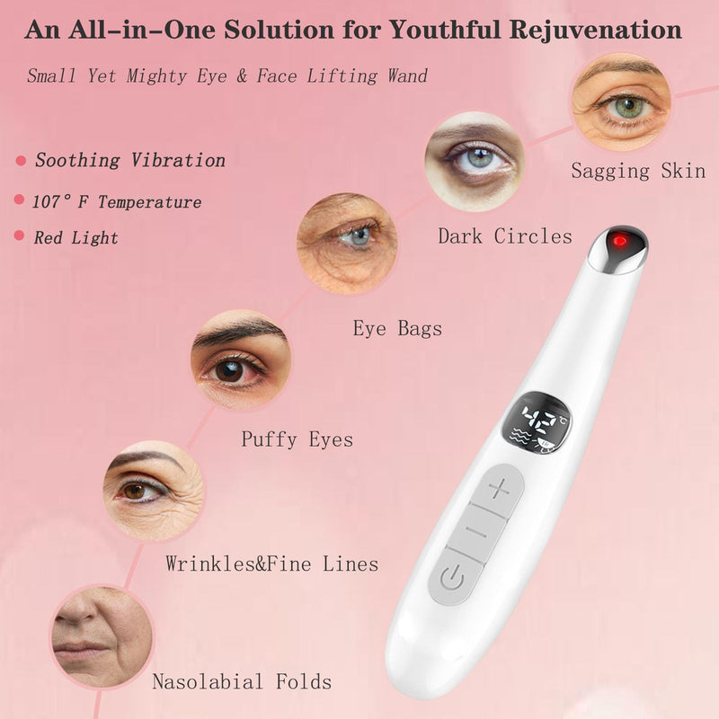 Eye Lift Wand, 3 in 1 Vibrating Red Light 98°F to 113°F LCD Display Eye Massager for Dry Eyes, Dark Circles and Puffiness, Electrical Face, Neck Sculpting Pen for Fine Lines and Wrinkles White